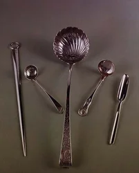 Skewer: Eley and Fearn, 1801; Sauce Ladle: IS, Edinburgh, c. 1800; Soup Ladle by Christopher Haines, Dublin, 1774; Kings Pattern Sauce Ladle by J. McKay, Edinburgh, 1851; Marrow Scoop, c.1750